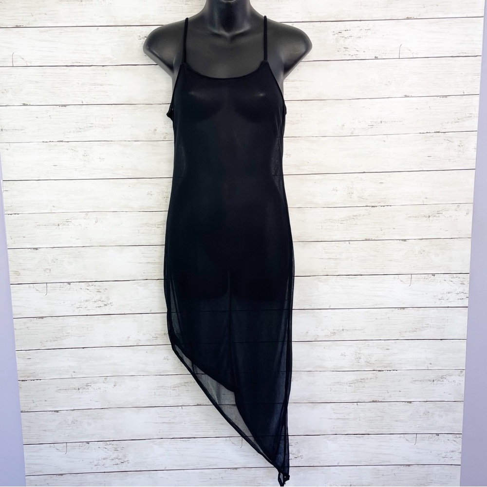 TROIKA Sheer Asymmetrical Slip Dress Black Strap